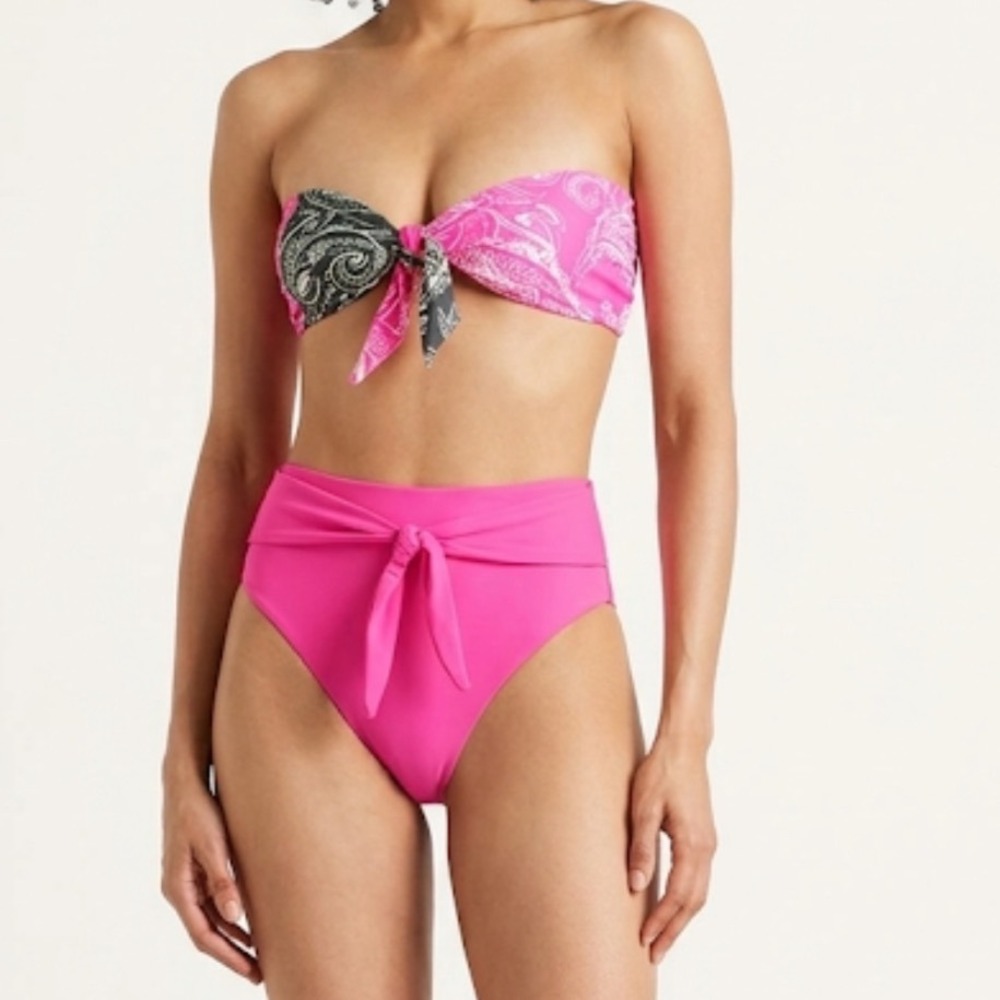 Mara Hoffman XL Pink Paisley Bandeau Bikini Set High Waisted Tie Front NEW